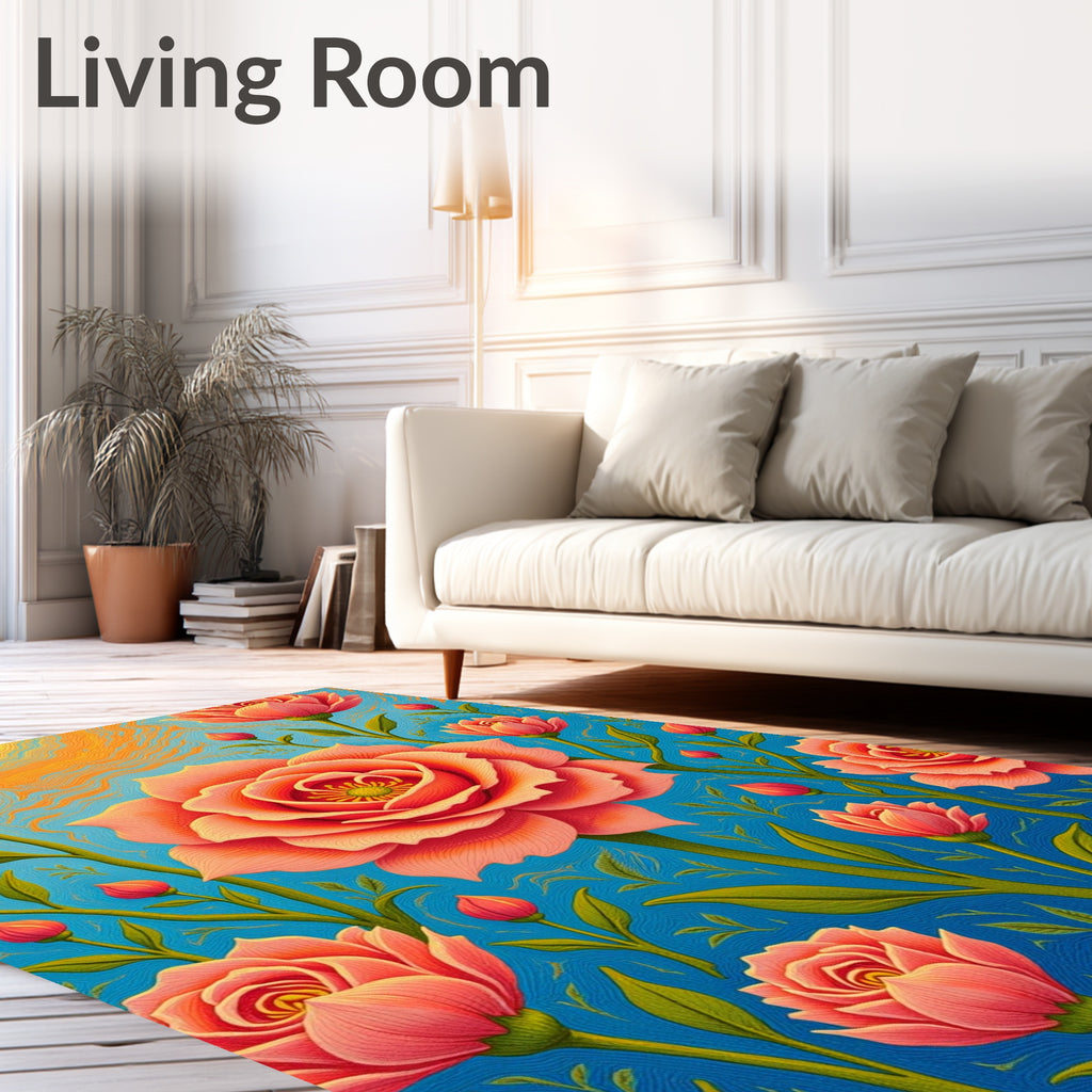 Coral Pink Roses Blue Daybreak Rug