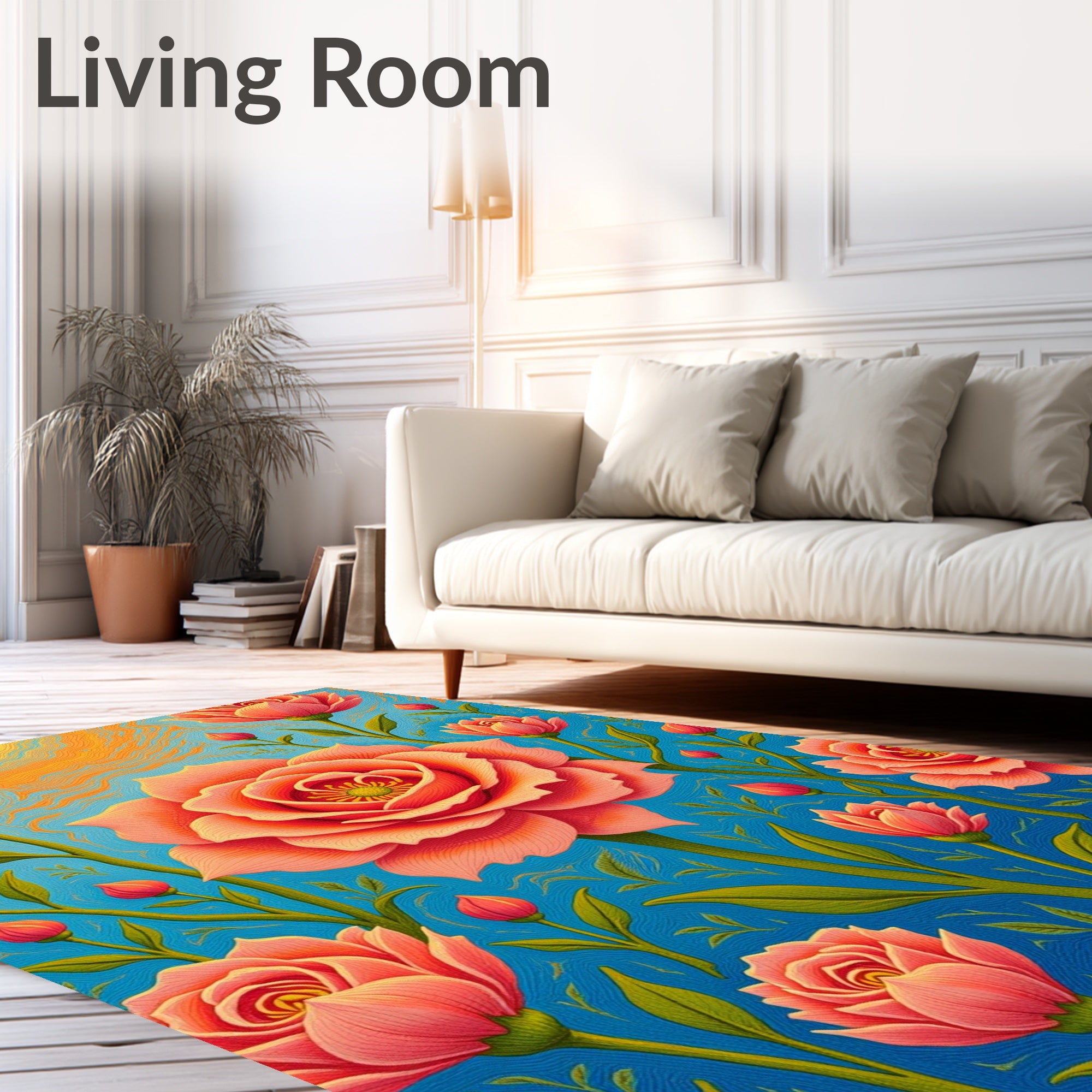Coral Pink Roses Blue Daybreak Rug