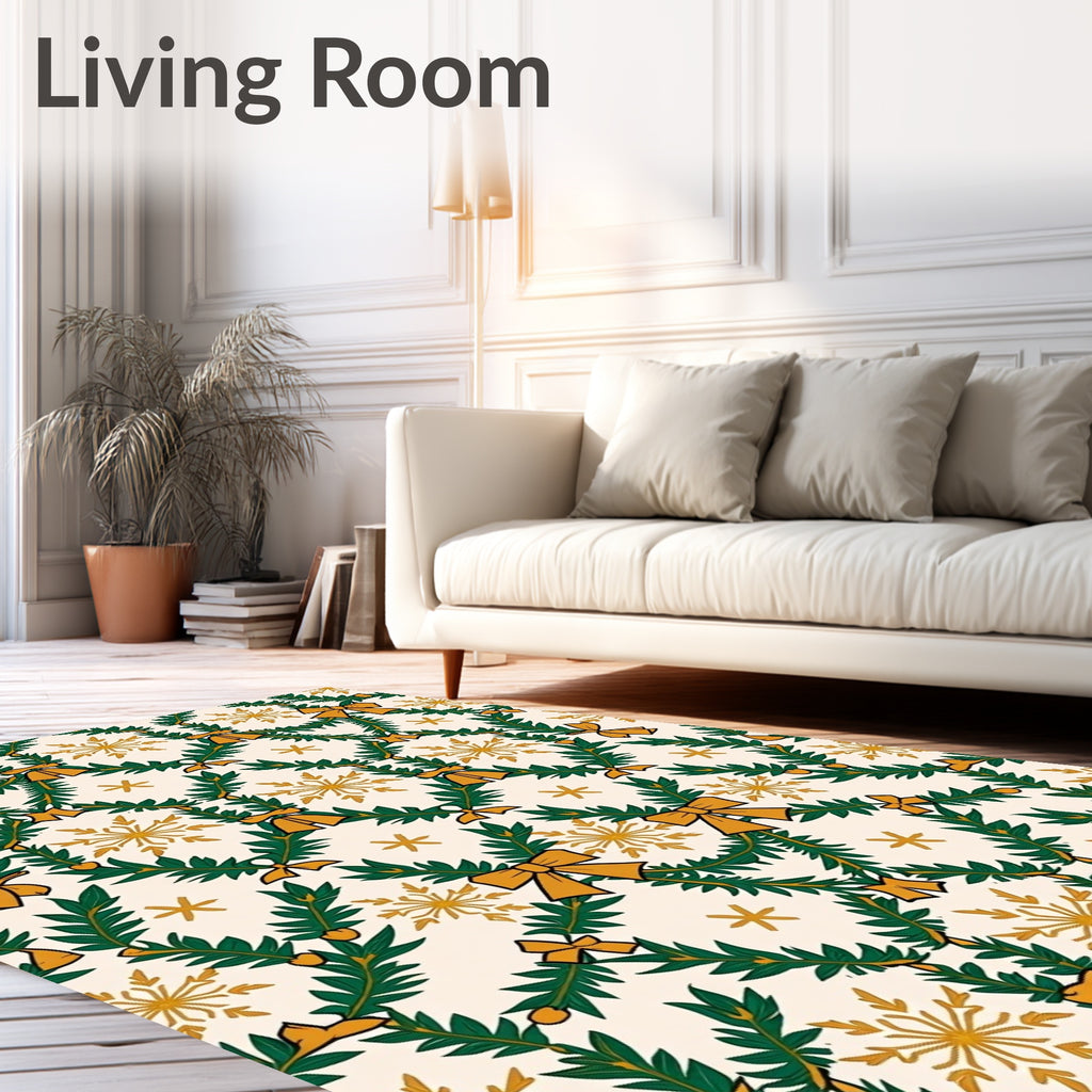 Festive Green Garland Gold Bow Snowflake Rug
