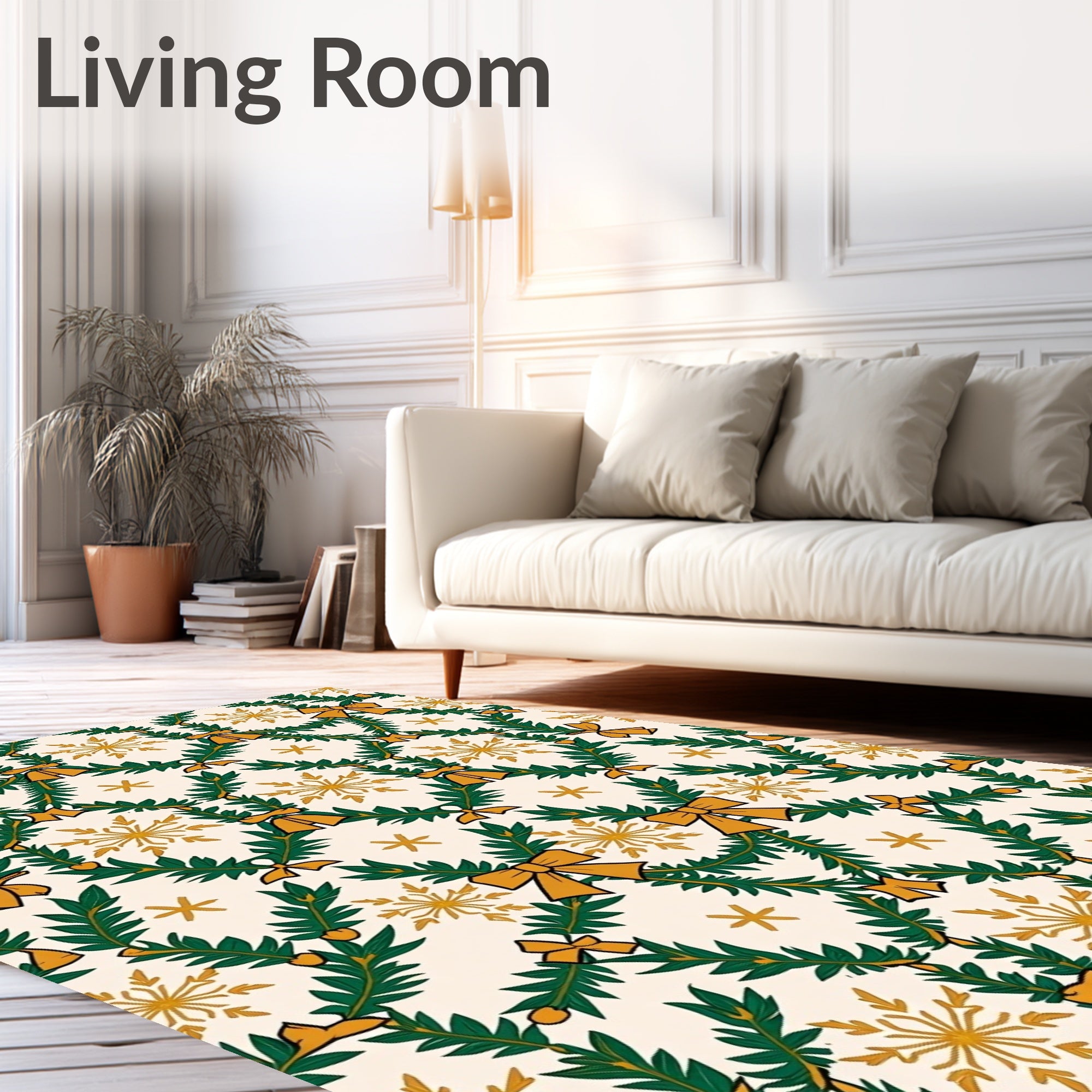 Festive Green Garland Gold Bow Snowflake Rug
