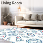 Navy Blue White Scattered Floral Shapes Rug