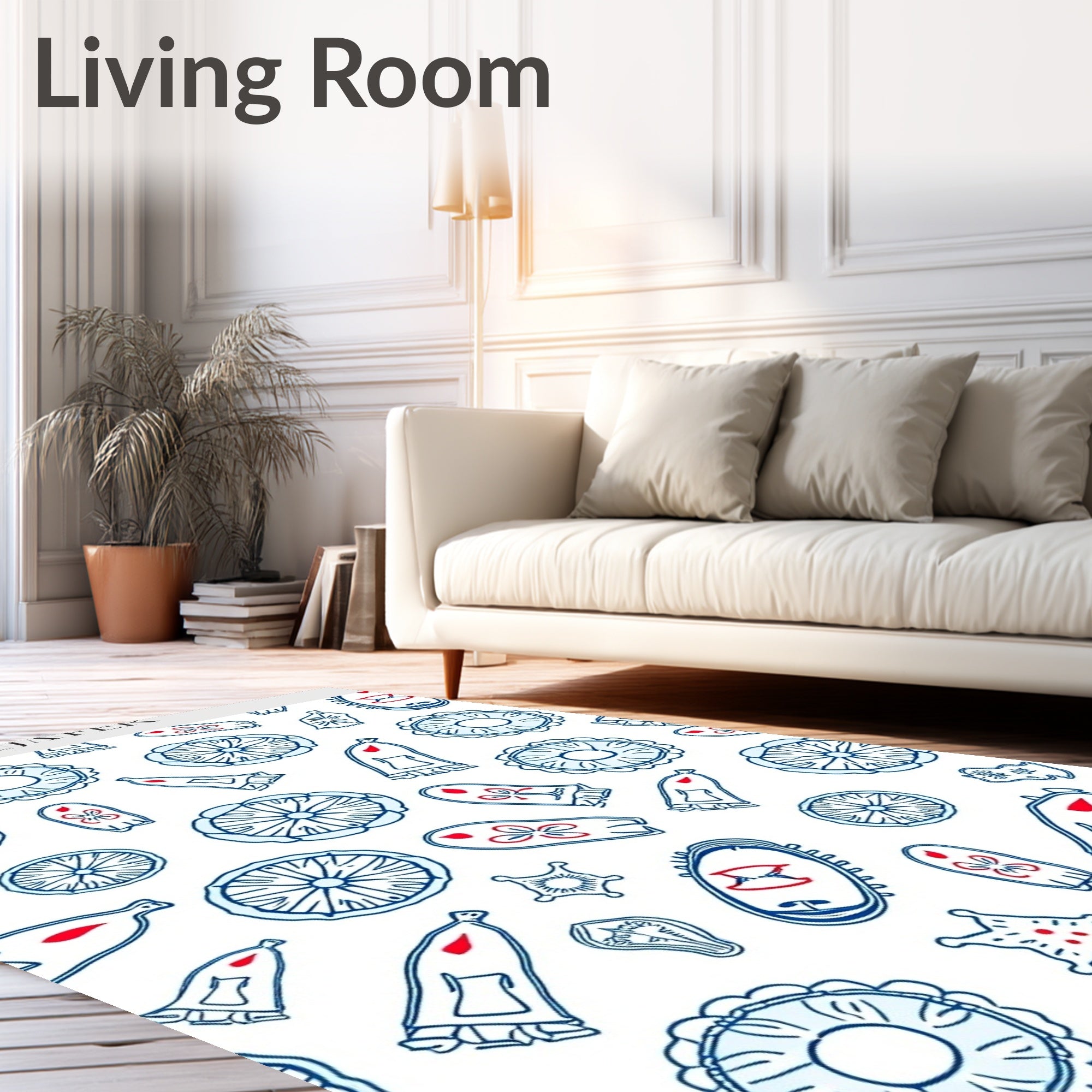 Navy Blue White Scattered Floral Shapes Rug