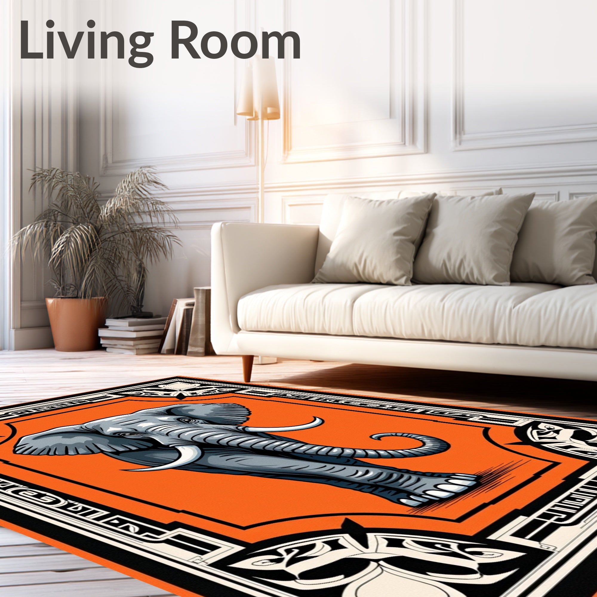 Majestic Gray Elephant Orange Frame Rug