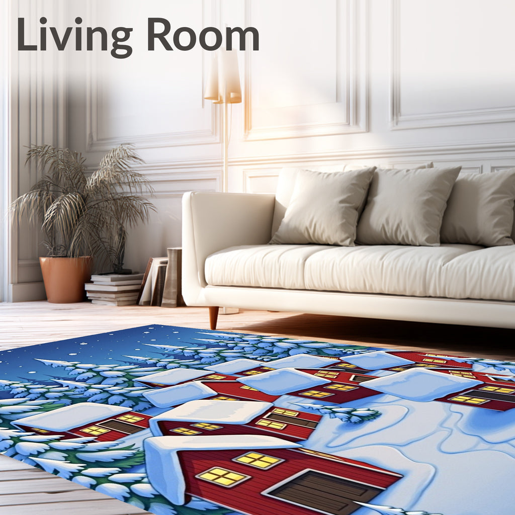 Cozy Red Cabins Snowy Winter Scene Rug