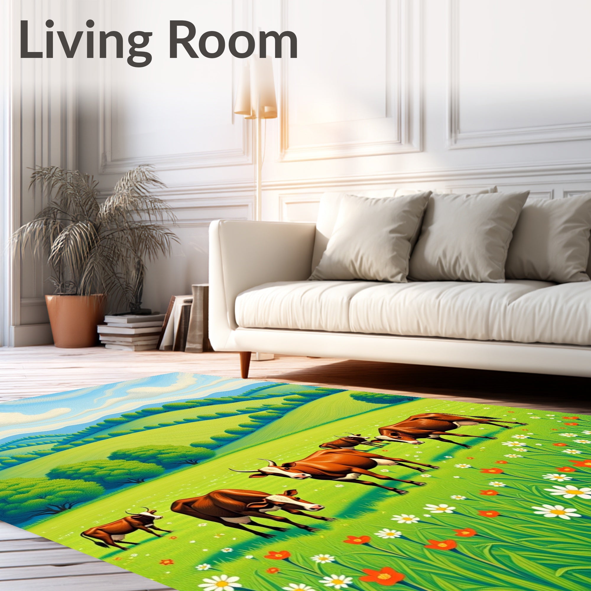 Pastoral Rolling Hills Cow Meadow Rug