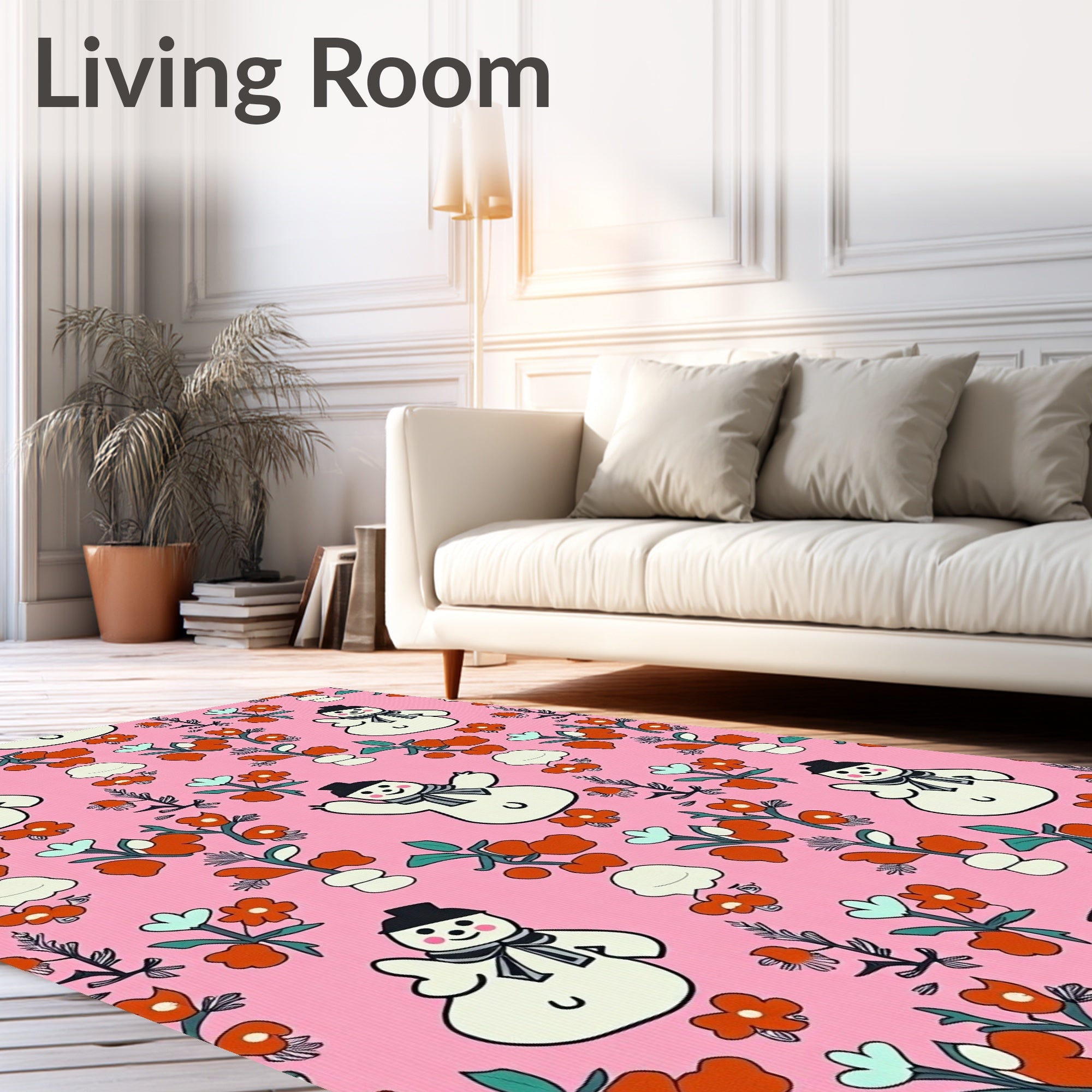 Pink Snowman Floral Whimsical Garden Rug