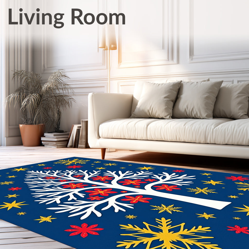 Whimsical White Tree Red Flowers Stars Rug