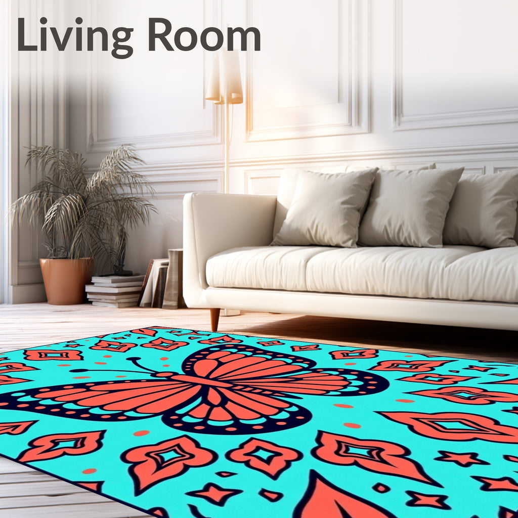 Coral Butterfly Turquoise Garden Rug