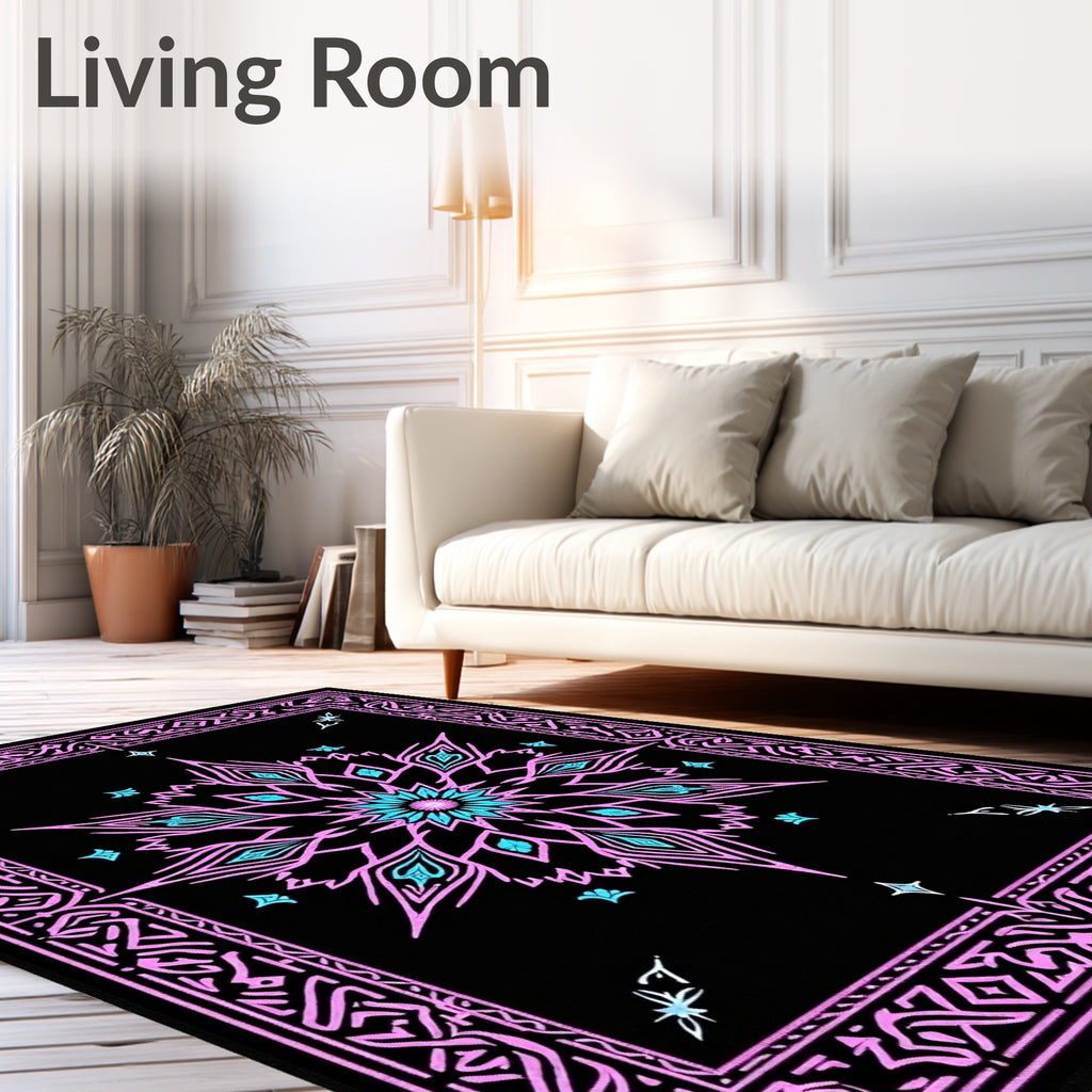 Black Pink Teal Floral Medallion Rug