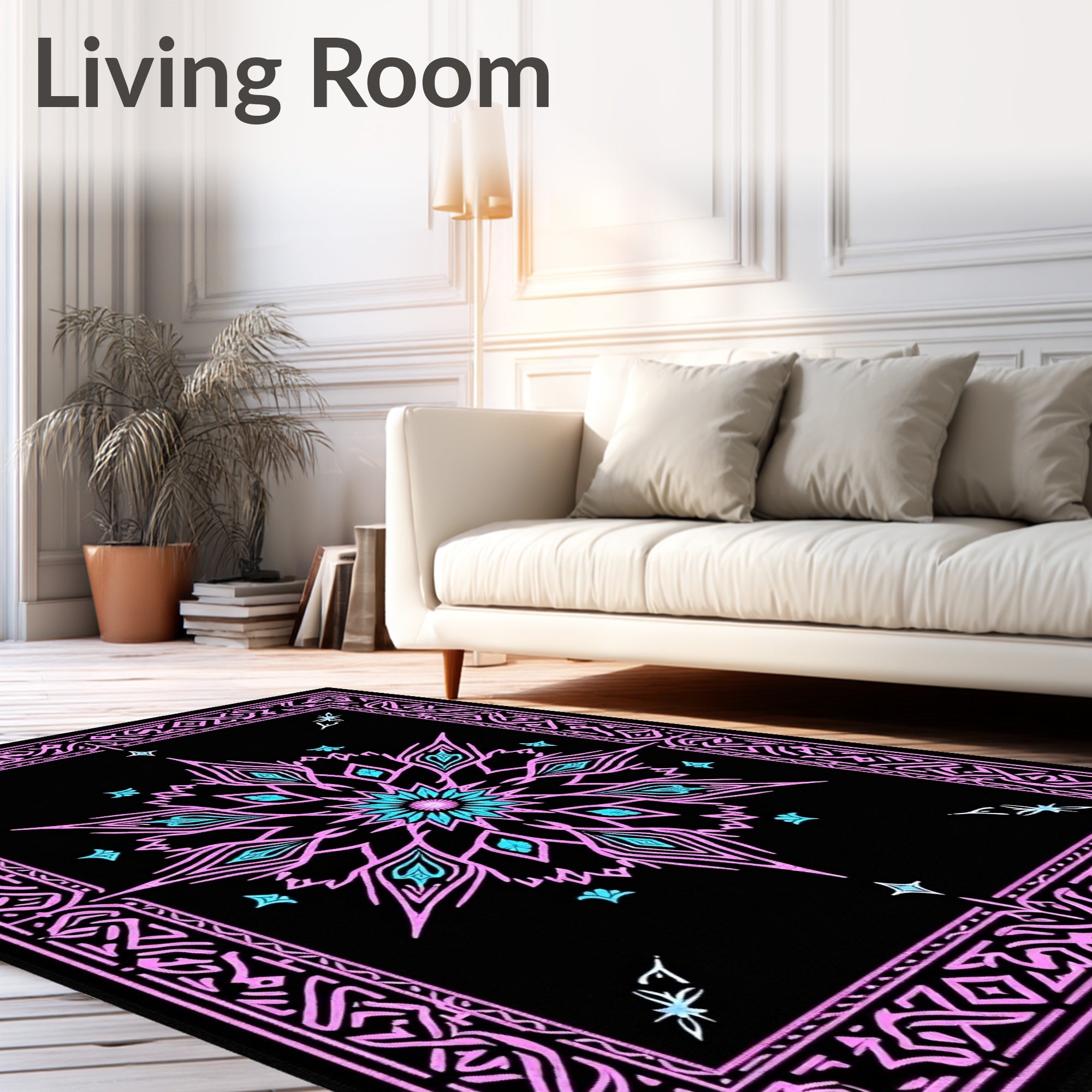 Black Pink Teal Floral Medallion Rug