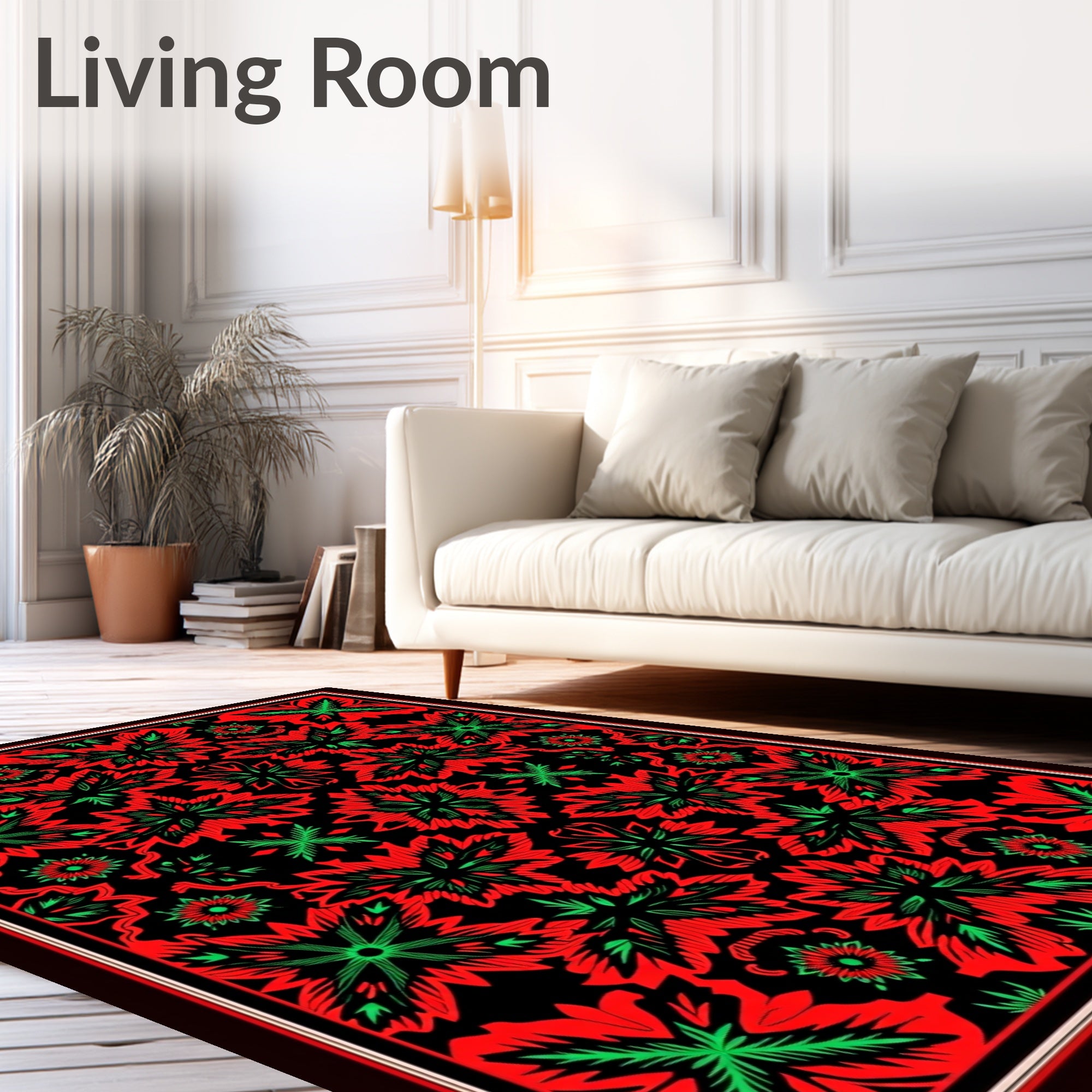 Bold Red Green Floral Symmetry Rug
