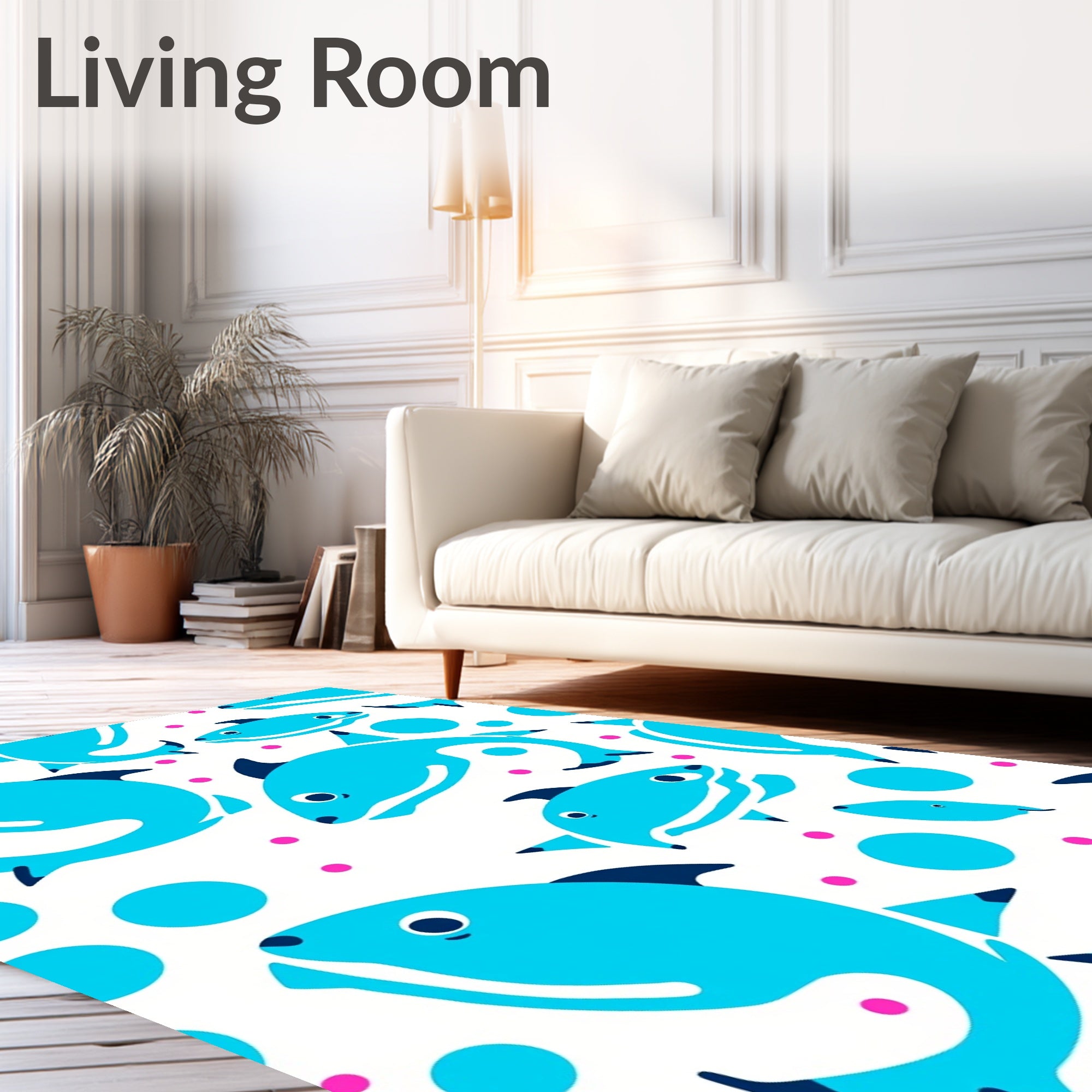 Whimsical Blue Fish Bubble Splash Rug