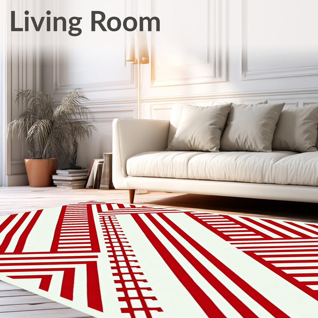 Red White Geometric Lattice Stripes Rug