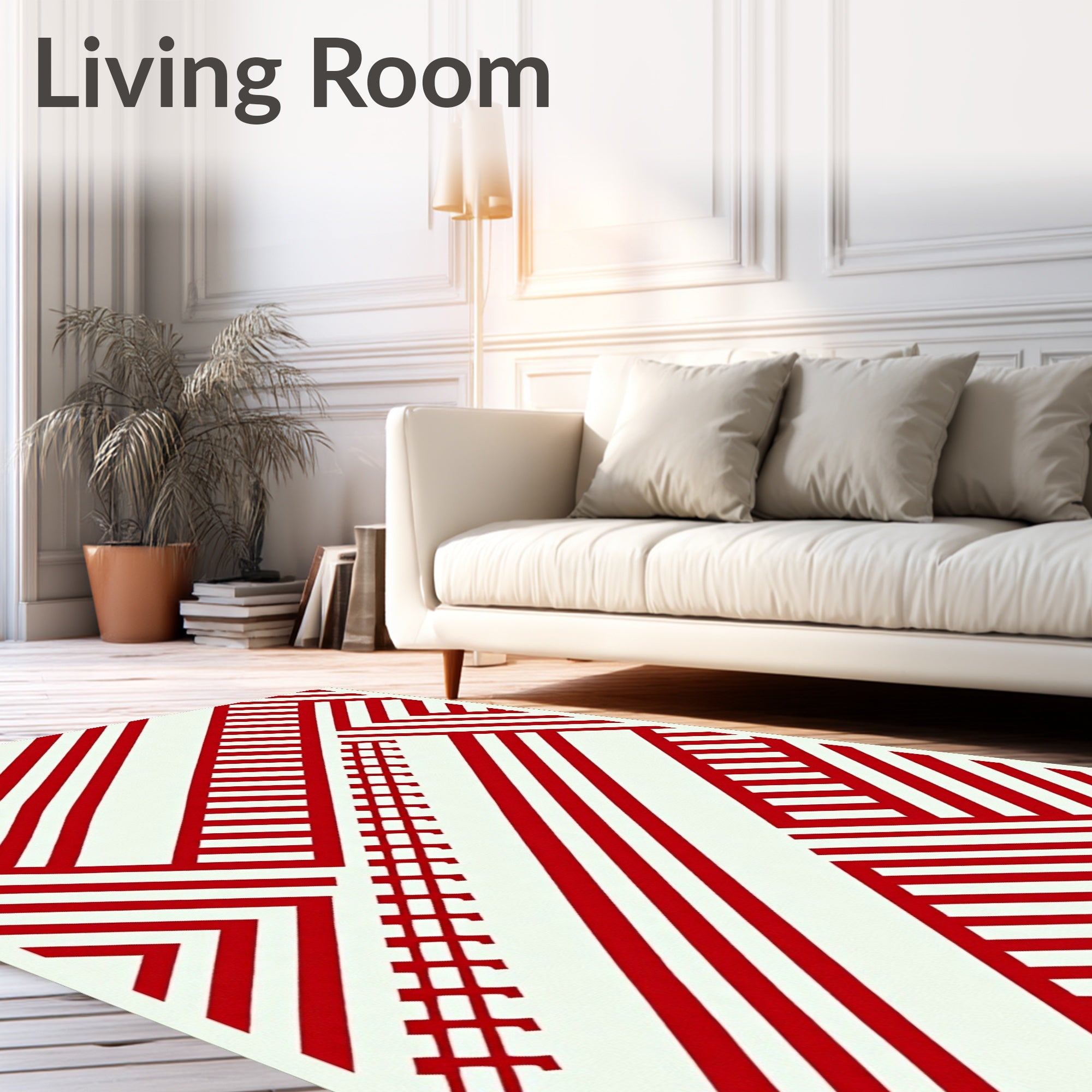 Red White Geometric Lattice Stripes Rug