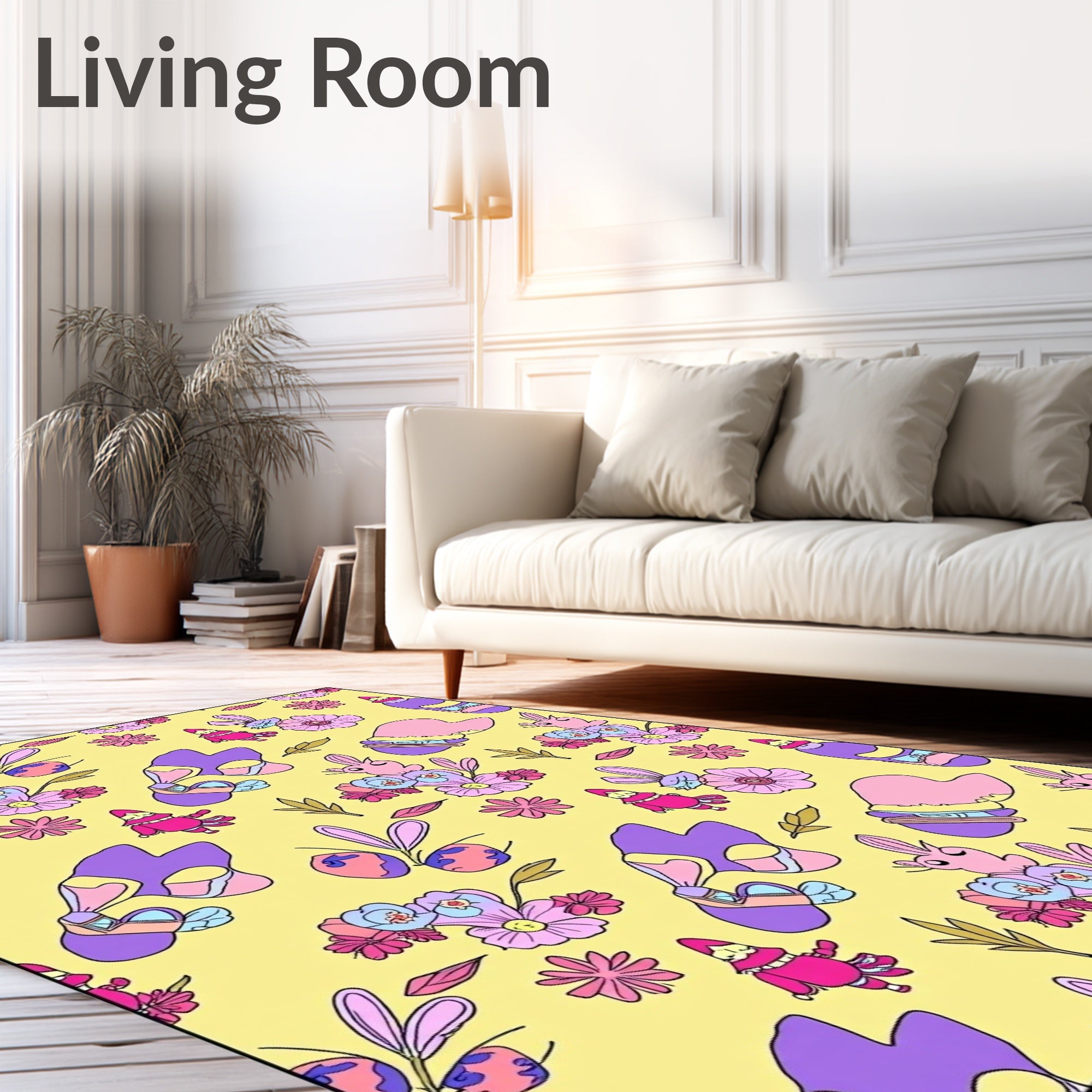 Whimsical Pink Purple Floral Gnomes Rug