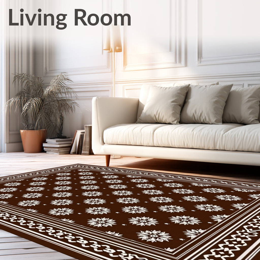Brown White Floral medallion Border Rug
