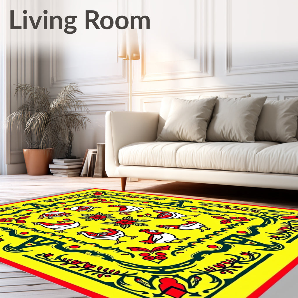 Yellow Red Folk Art Chicken Floral Rug