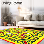 Yellow Red Folk Art Chicken Floral Rug