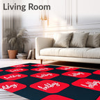 Red White Script Repeating Squares Rug