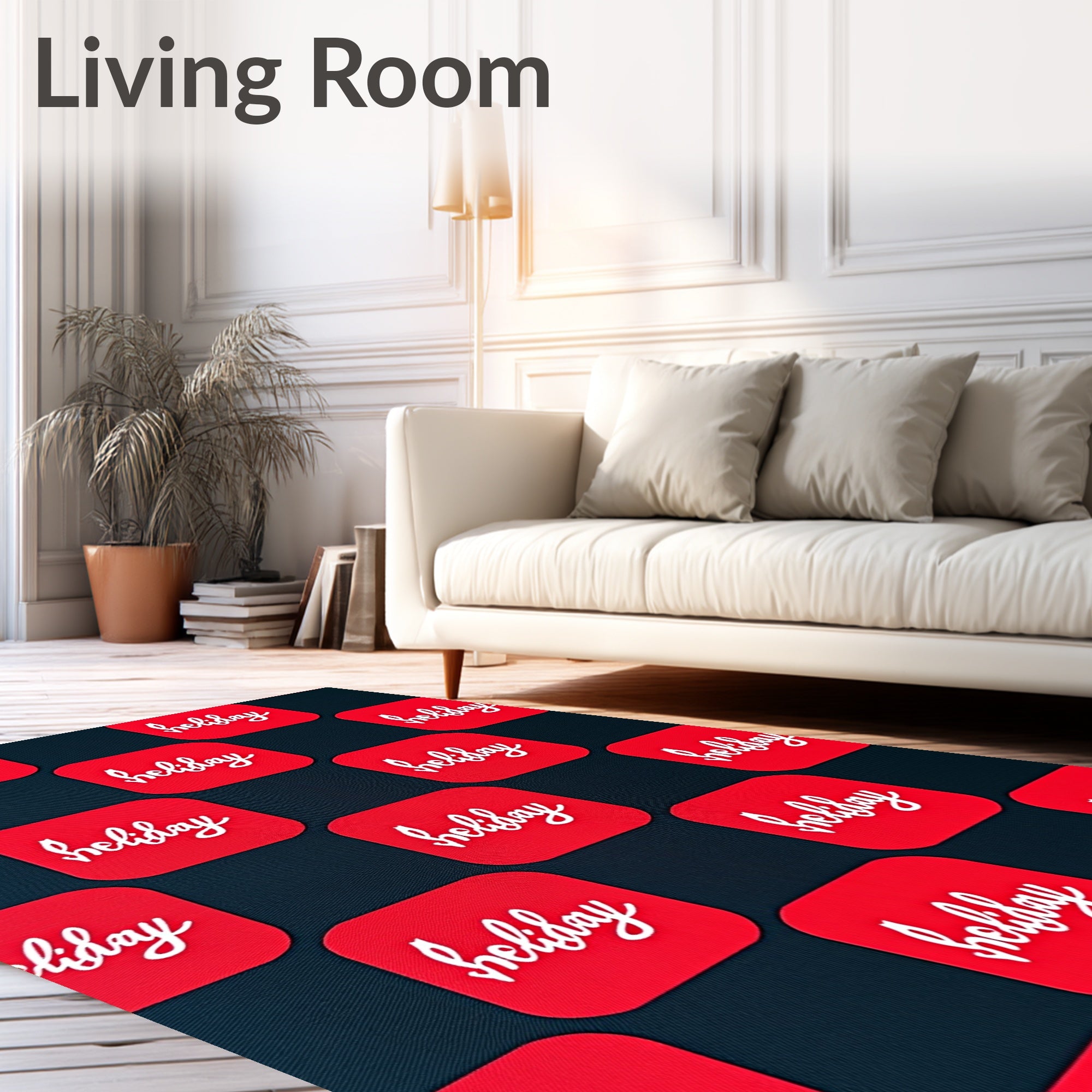 Red White Script Repeating Squares Rug