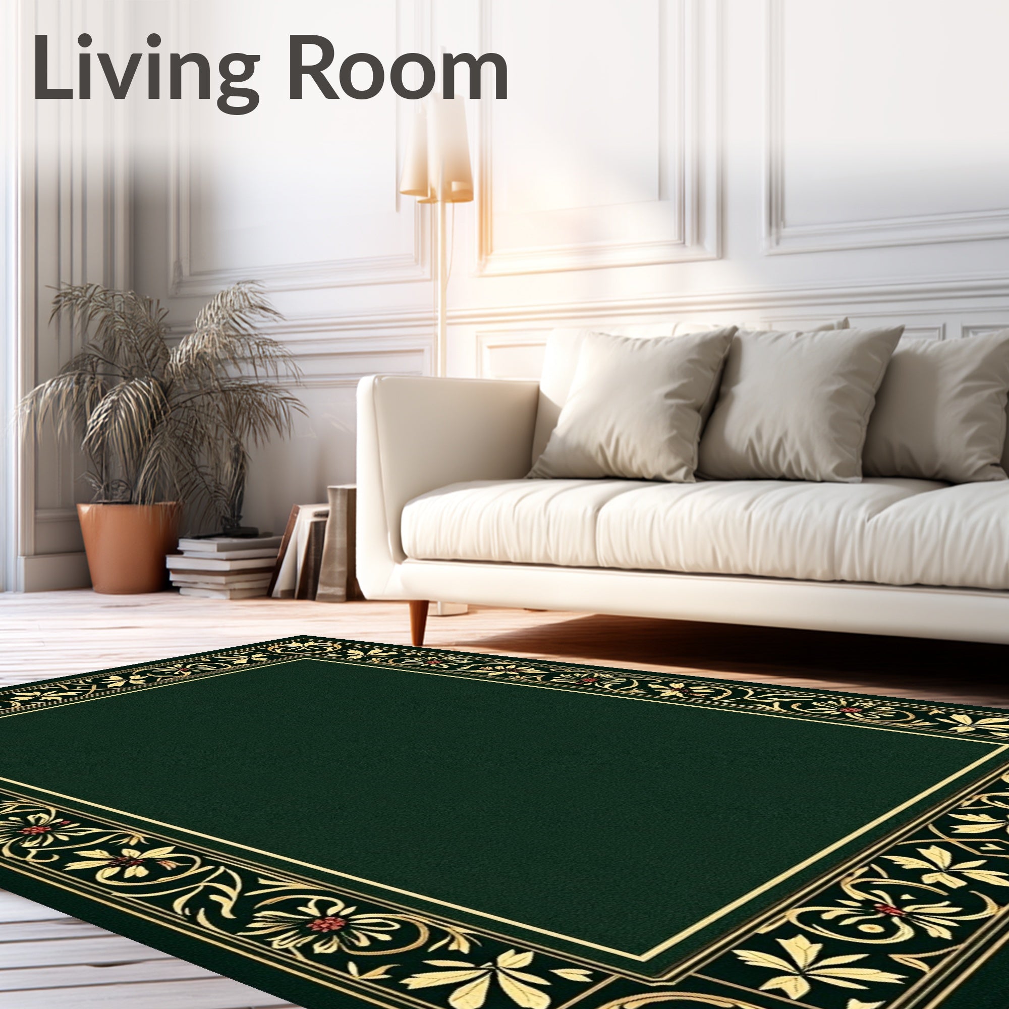 Rich Emerald Floral Border Rug
