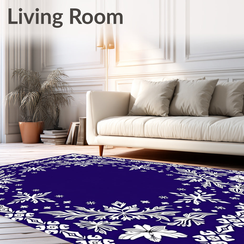 Deep Blue Floral Snowflake Frame Rug