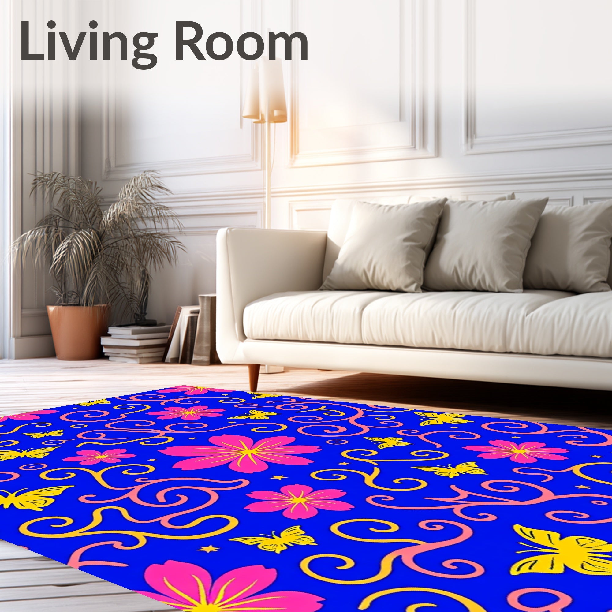 Vibrant Pink Yellow Butterfly Floral Swirls Rug
