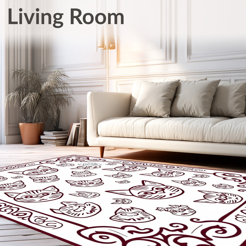 Crimson Cat Faces Scattered Borders Rug