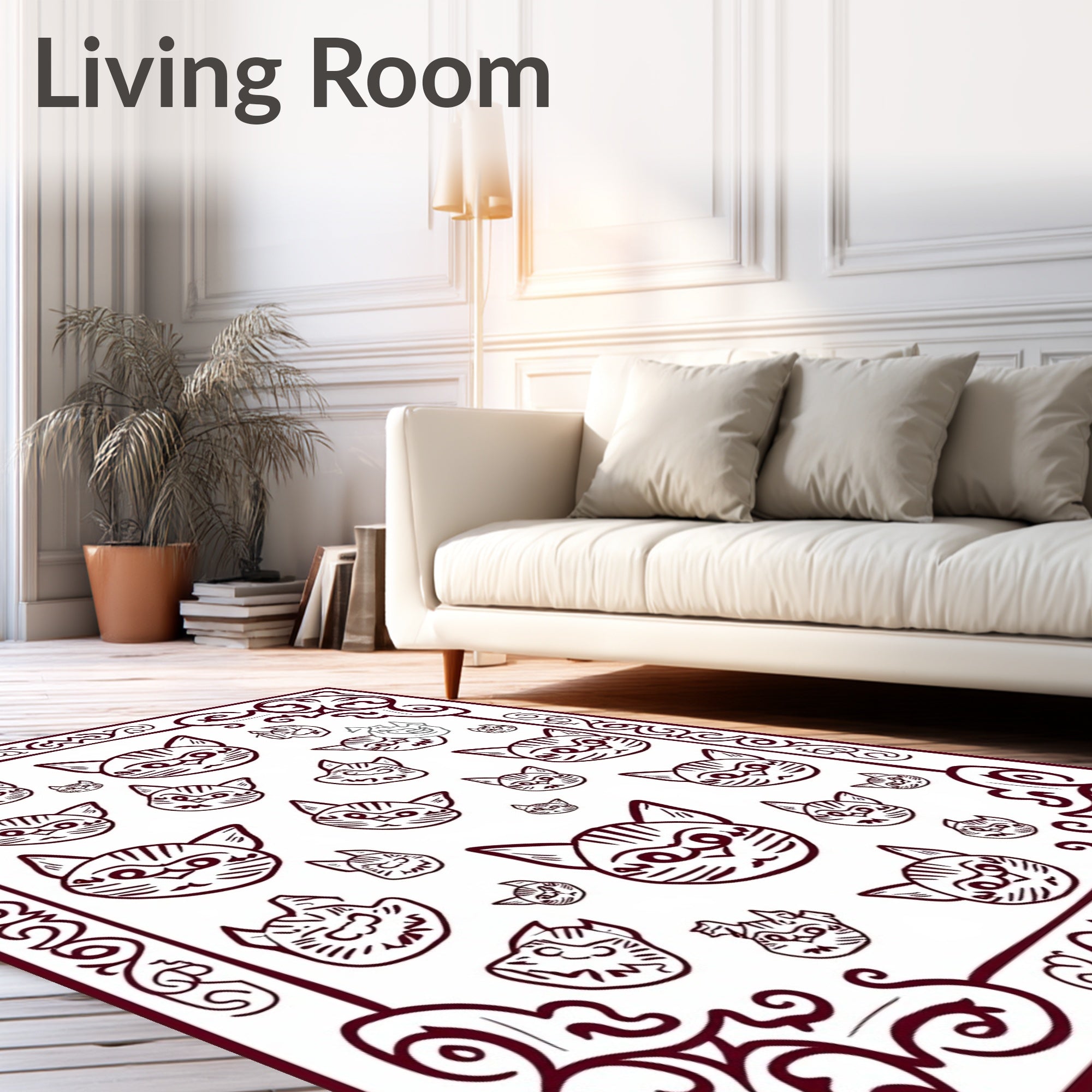 Crimson Cat Faces Scattered Borders Rug