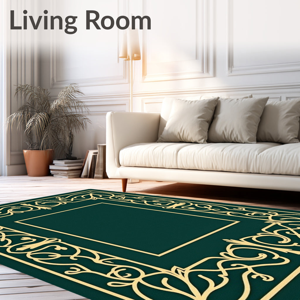Emerald Gold Filigree Scroll Frame Rug