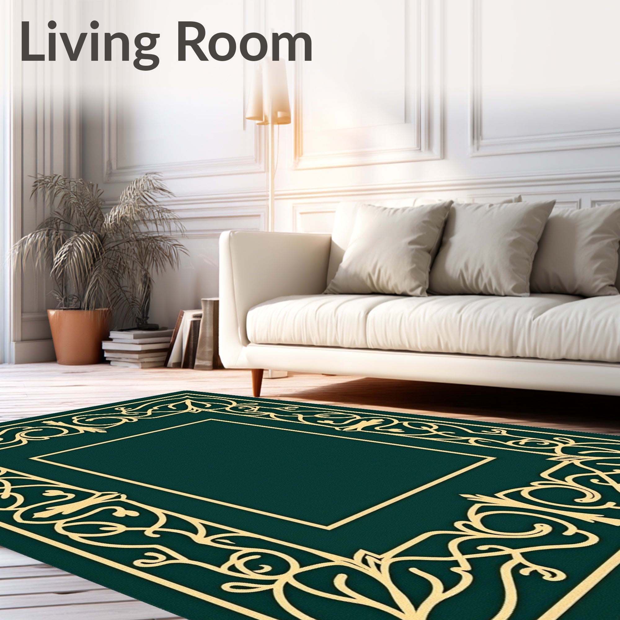 Emerald Gold Filigree Scroll Frame Rug