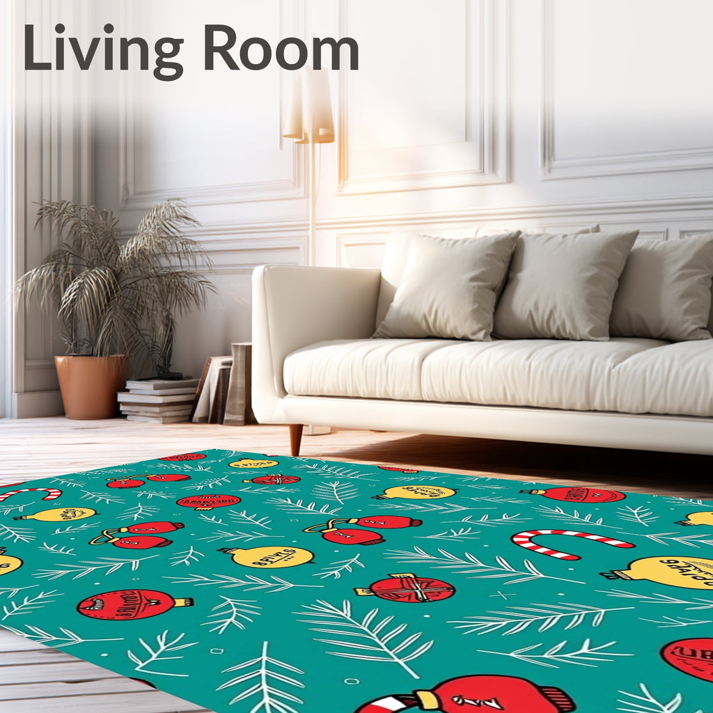 Red Yellow Christmas Ornaments Pine Sprigs Rug