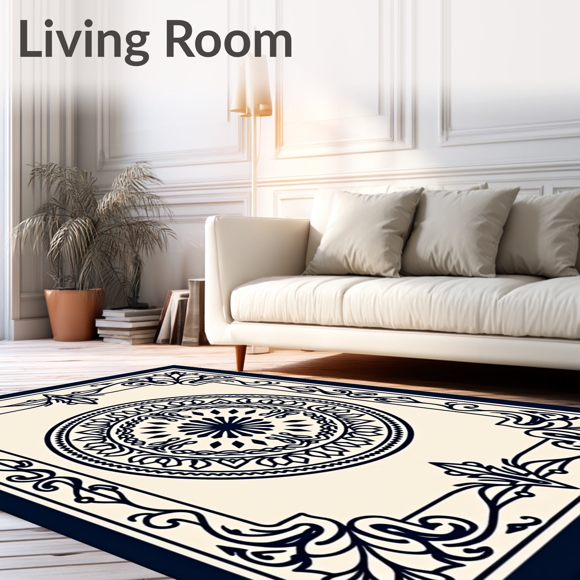 Ornate Dark Blue Medallion Border Rug