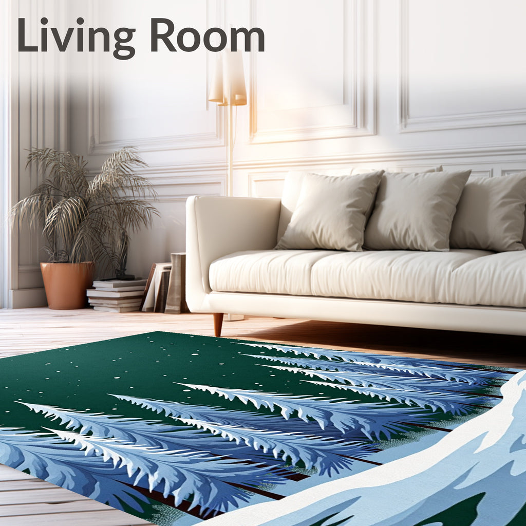 Winter Snowy Forest Pine Trees Rug