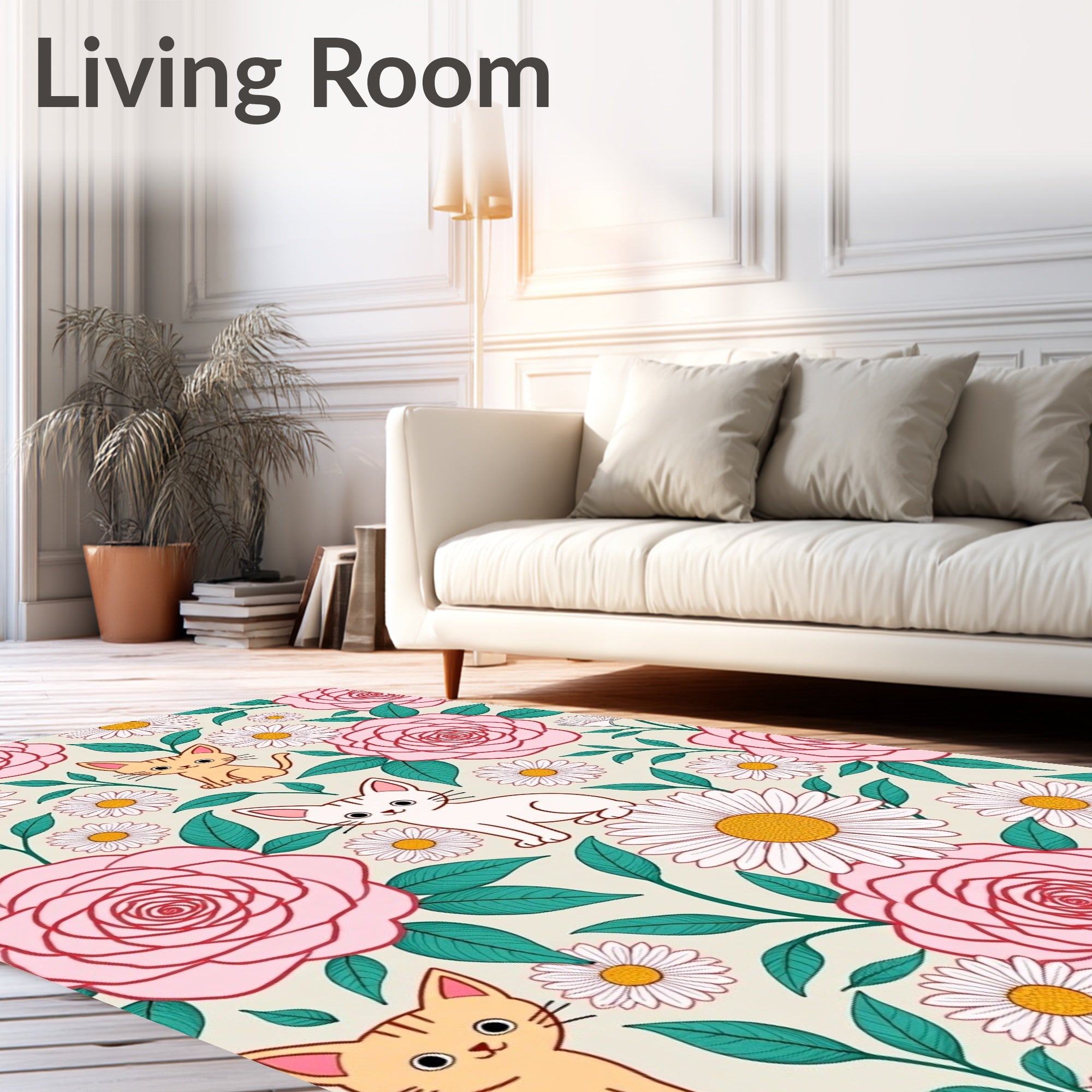 Playful Kittens Amongst Pink Roses Rug