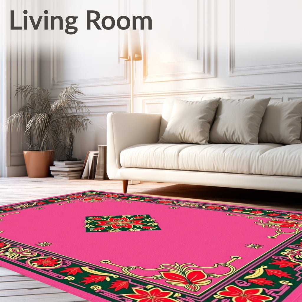 Vibrant Pink Floral Medallion Frame Rug