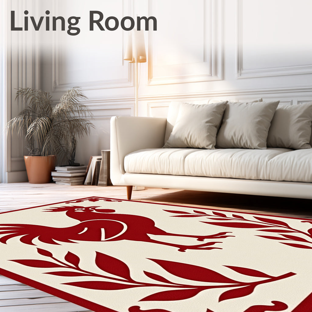 Crimson Rooster Branch Border Rug