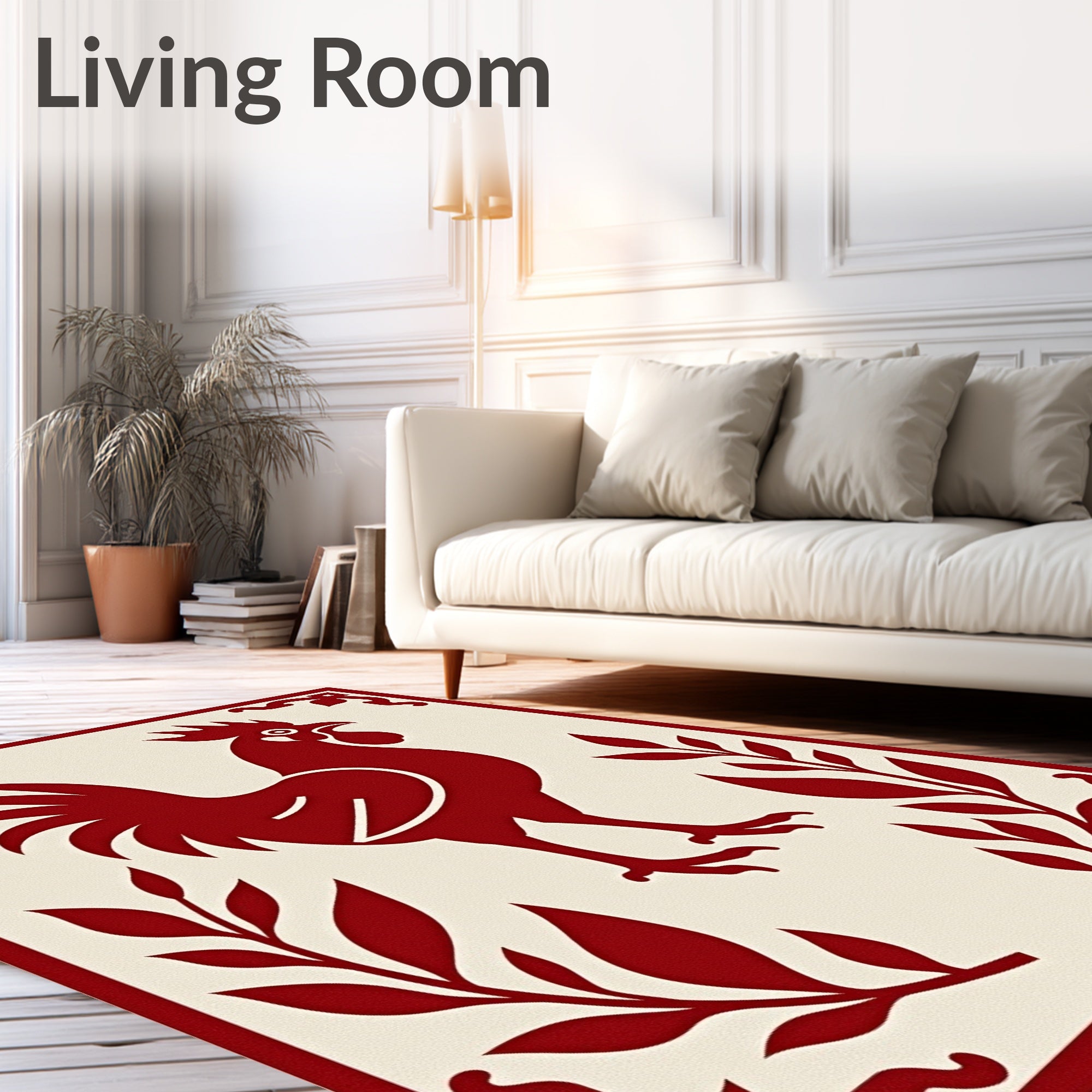 Crimson Rooster Branch Border Rug