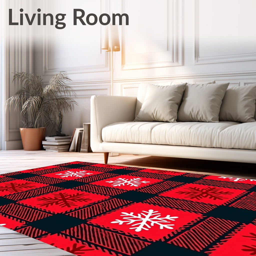 Red Black Plaid Snowflake Rug