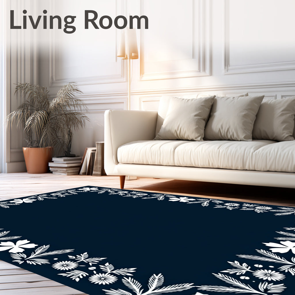 White Floral Leaf Border on Navy Rug