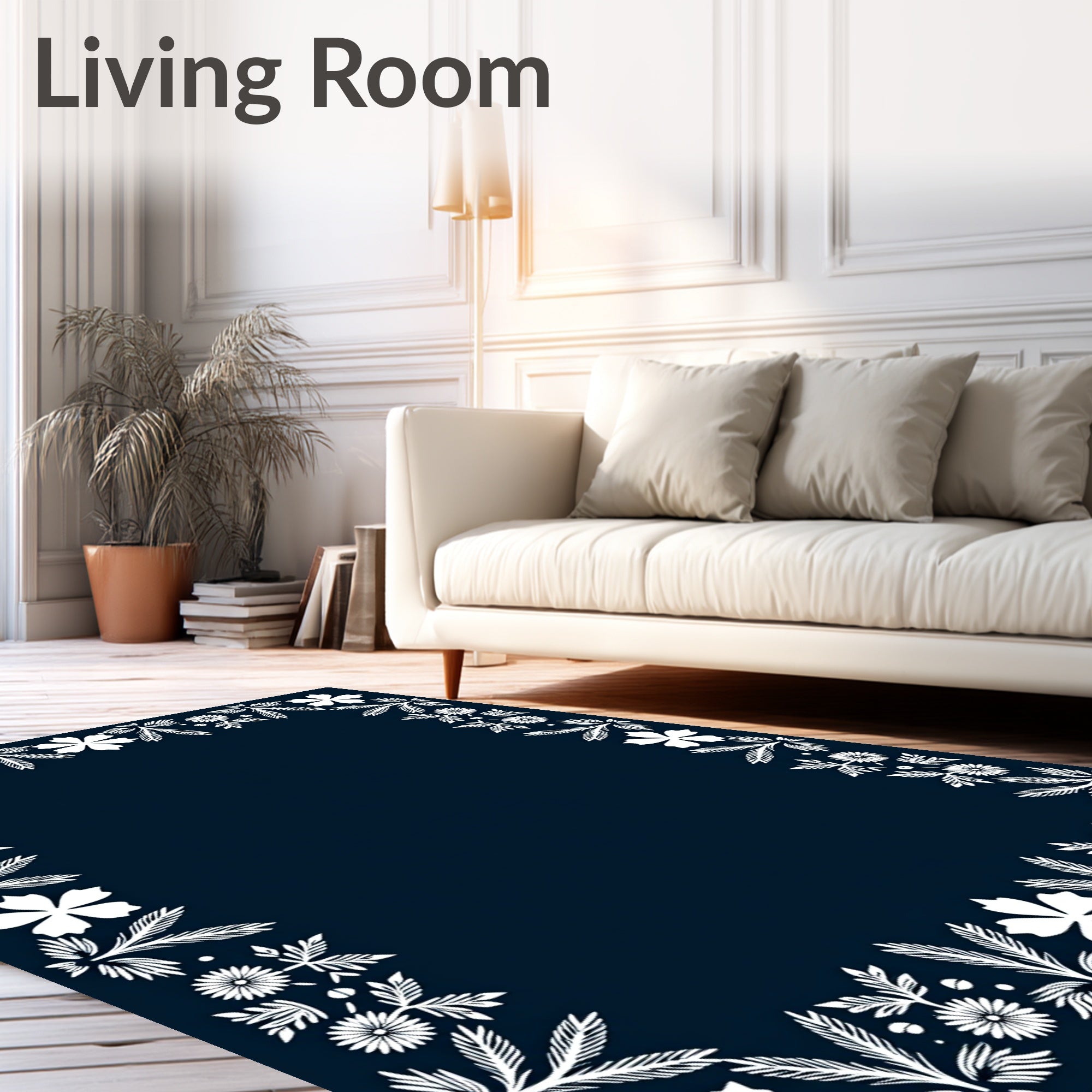 White Floral Leaf Border on Navy Rug