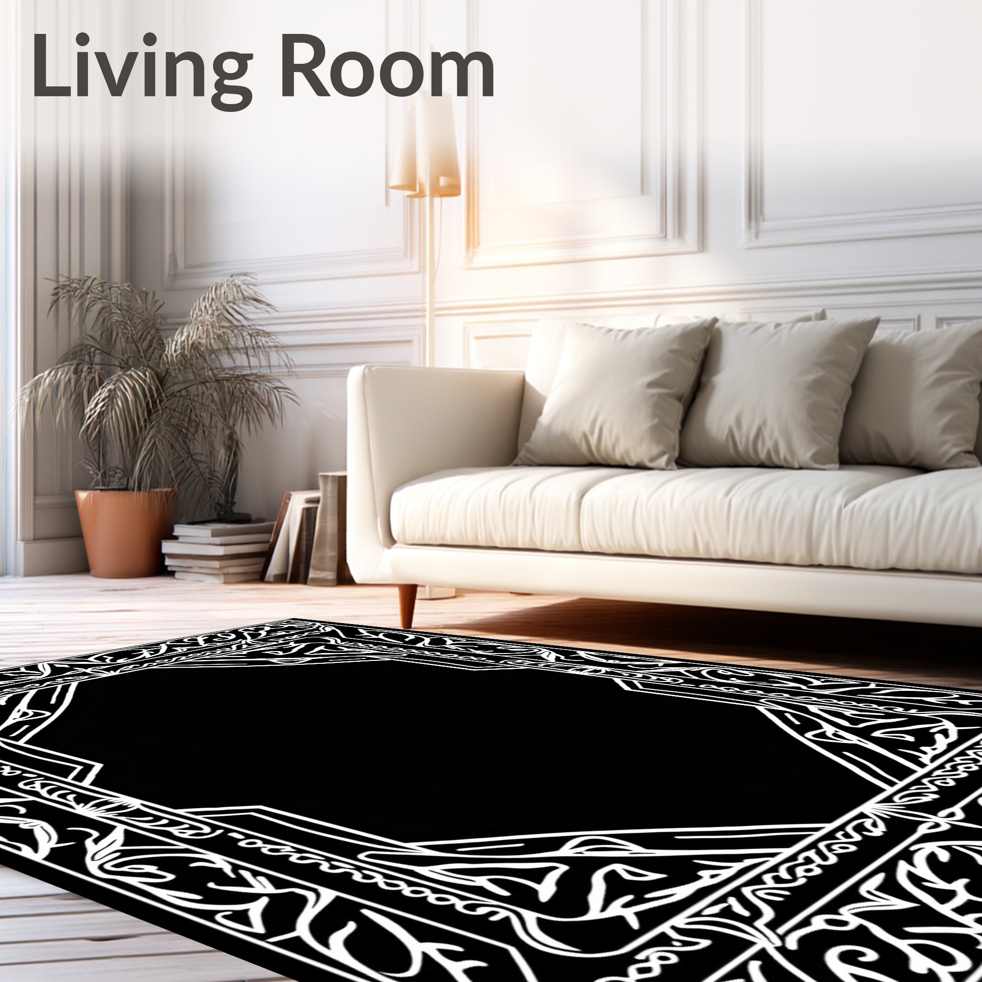 Ornate White Geometric Floral Frame Rug