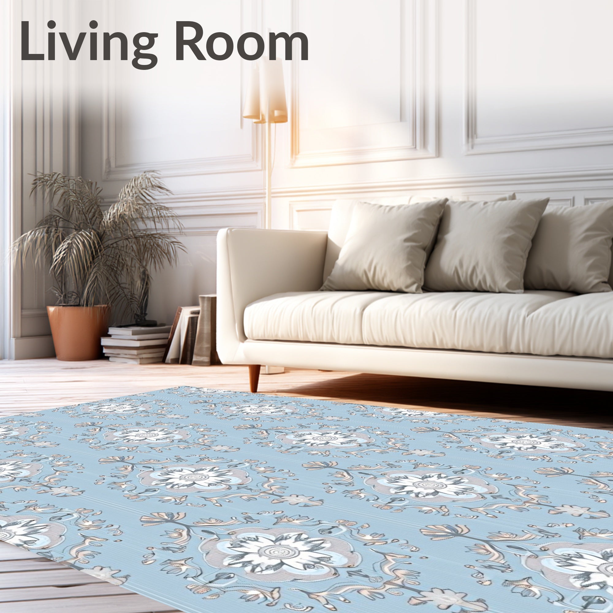 Serene Blue Floral Medallion Damask Rug
