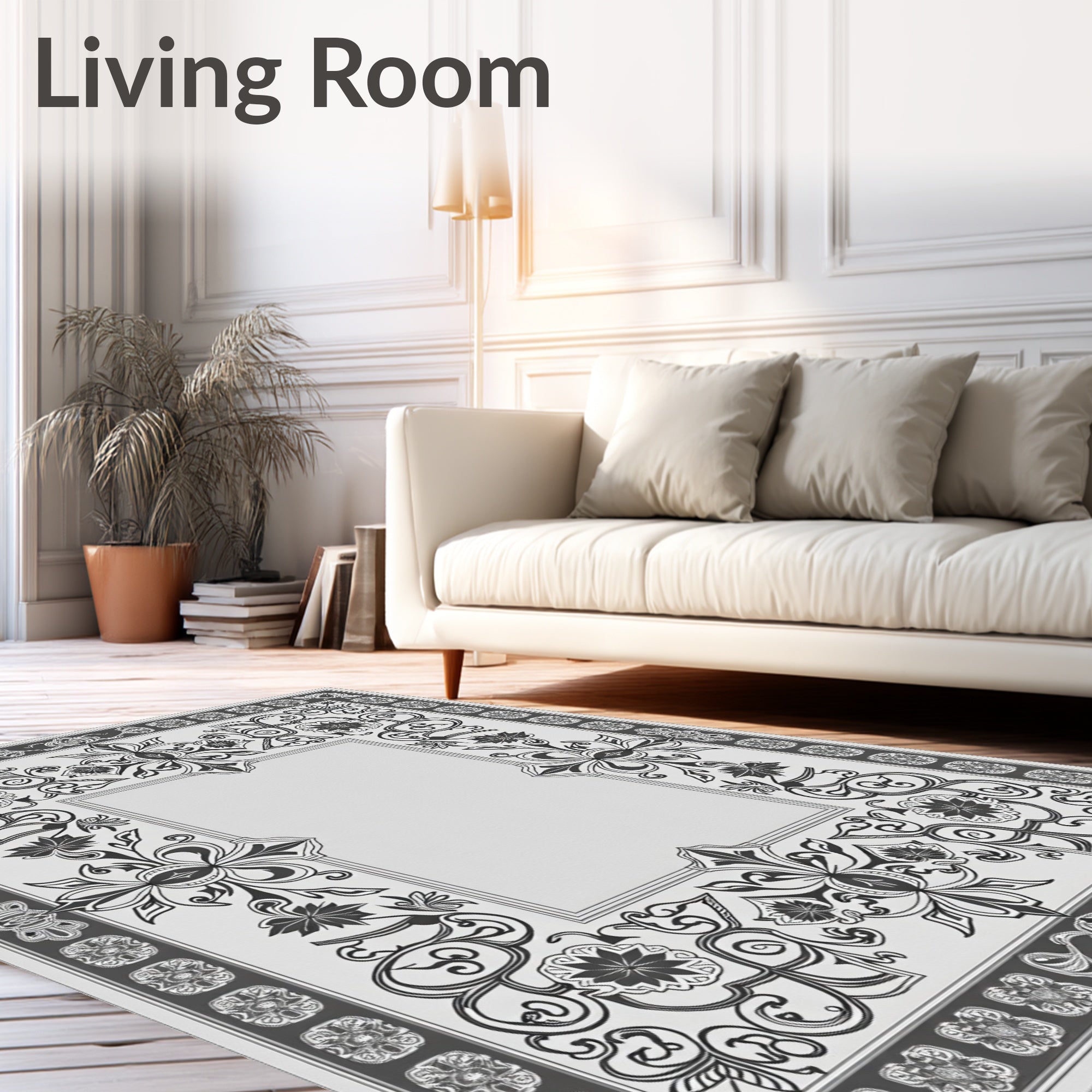 Ornate Floral Scroll Frame Gray Rug