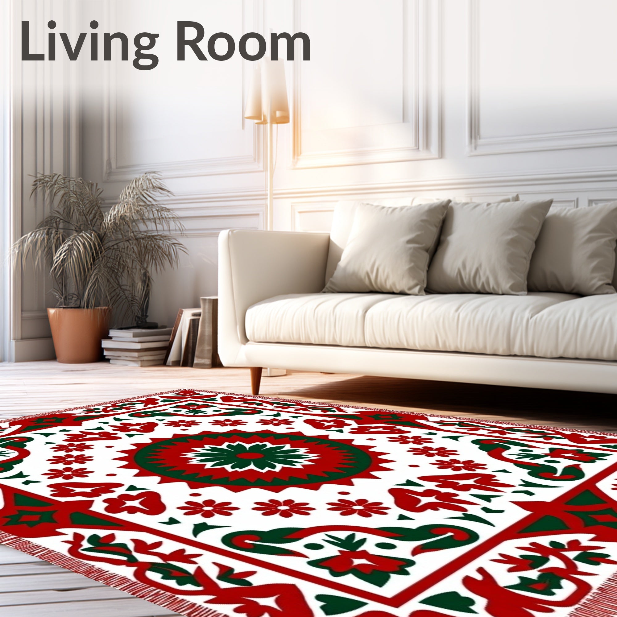 Red Green Medallion Floral Border Rug