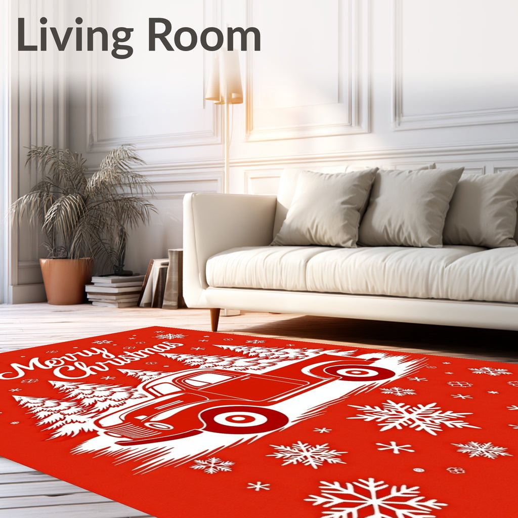 Vintage Red Truck Snowflakes Christmas Card Rug