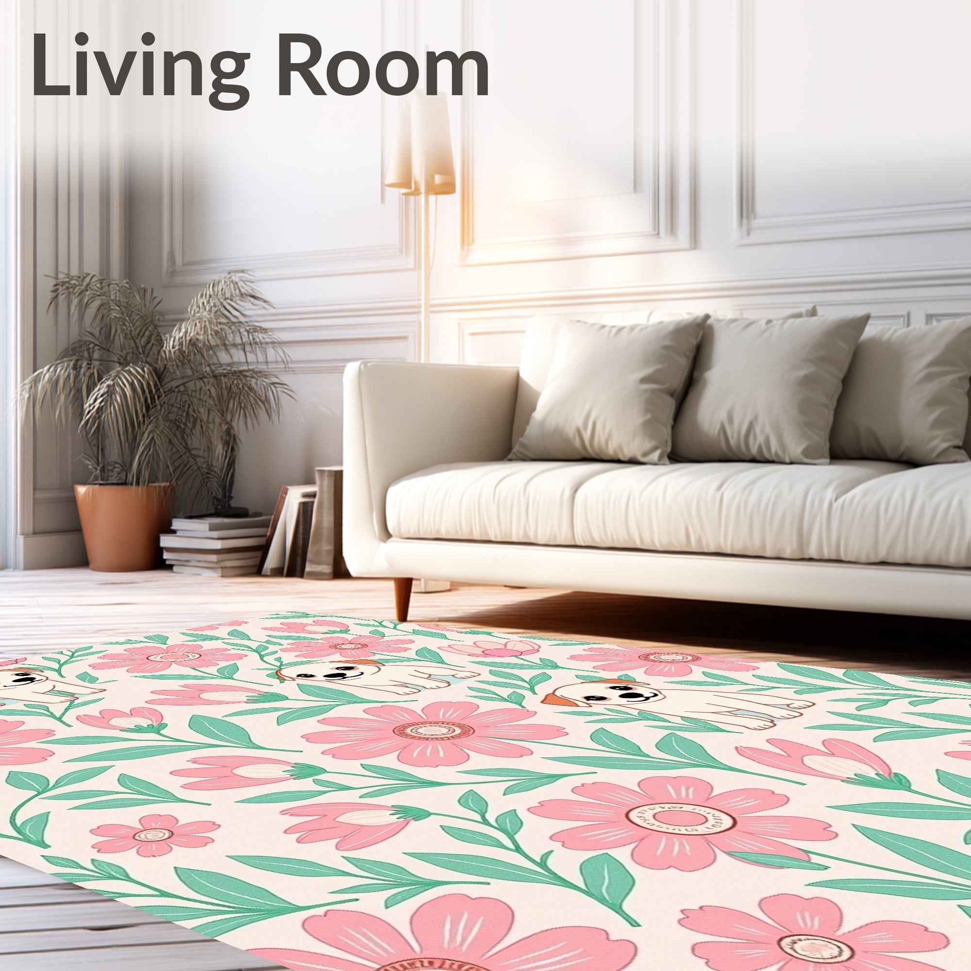 Playful Puppy Pink Floral Garden Scene Rug