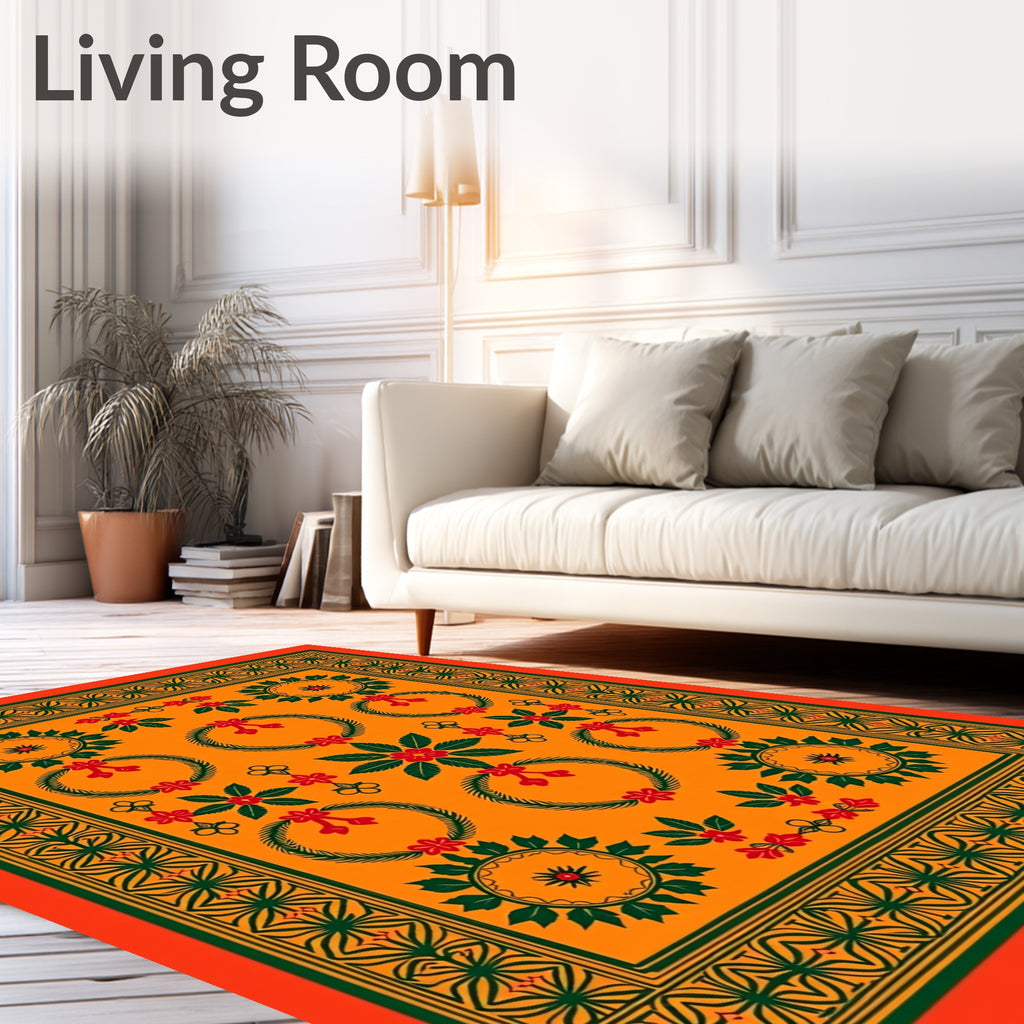 Orange Green Red Floral Wreath Medallion Rug