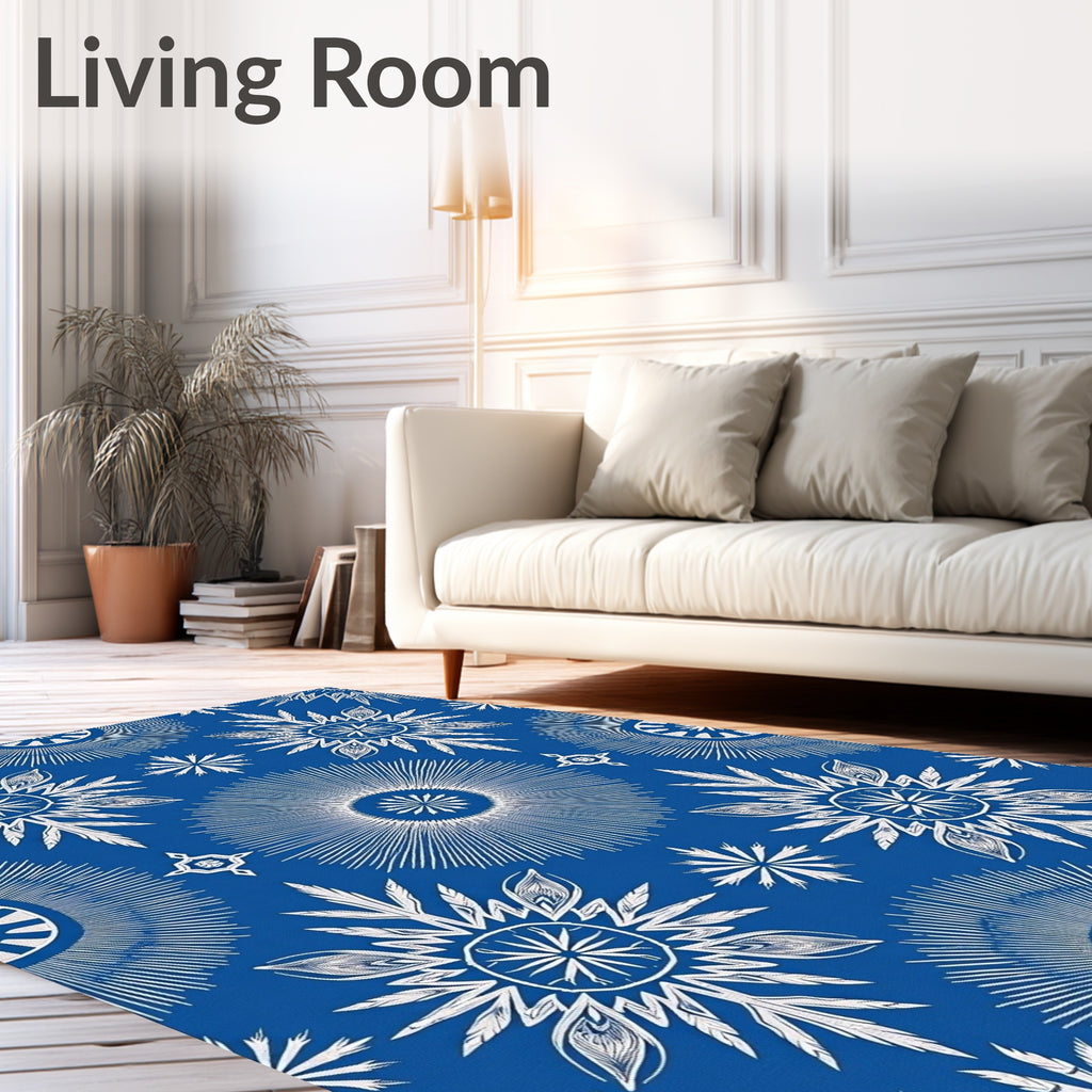 White Sunburst Mandala Blue Rug