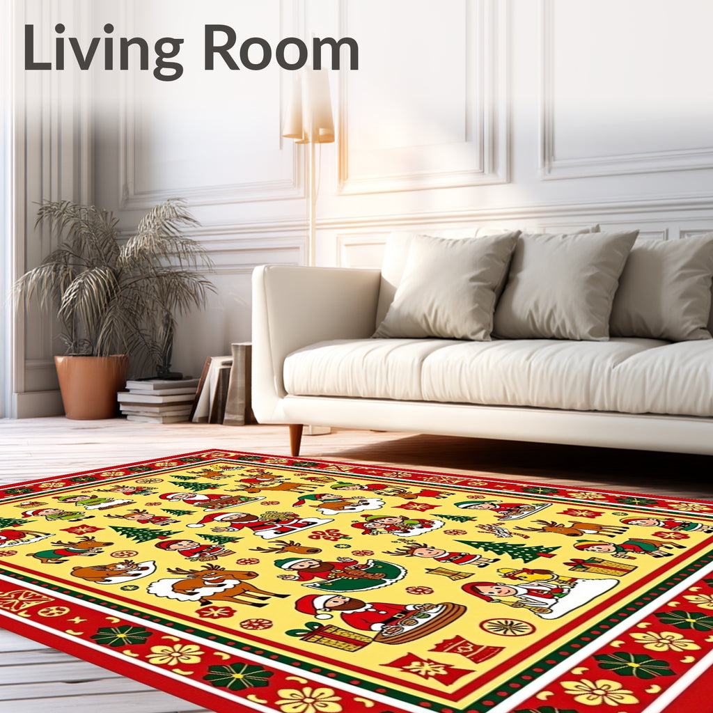 Merry Christmas Santa Reindeer Woodland Scene Rug